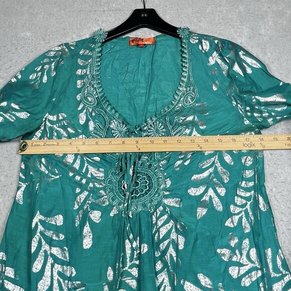 Hale Bob Top Womens Small Teal Silk Blend Metallic Gold Leaf Cabana Beach Tunic - Picture 8 of 14